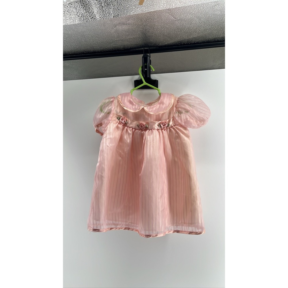 Baby Girl Pink Ruffled Organza Dress Satin Roses Pageant Party 18m vintage